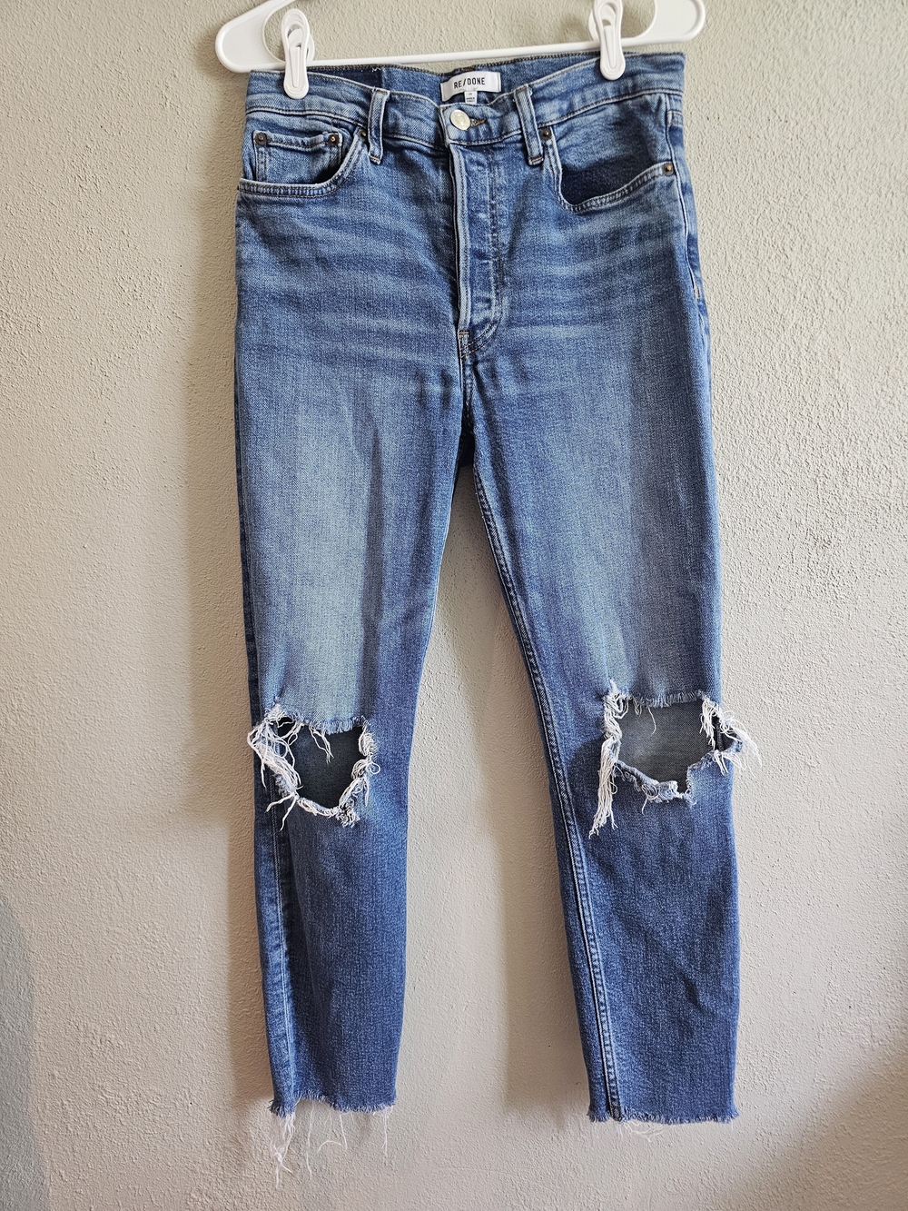 RE/DONE 90s High Rise Ankle Crop Jeans 29 Distressed Raw Hem Button Fly Blue